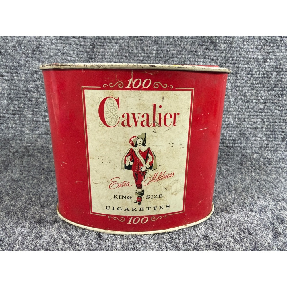 Vintage Cavalier King Size Cigarettes Tin 100 Count RJ Reynolds Tobacco Red Oval
